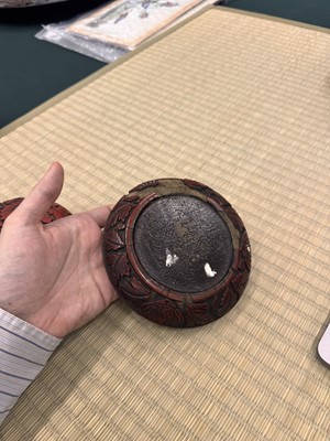 Lot 71 - A rare Chinese cinnabar lacquer 'chrysanthemum' box and cover, Ming dynasty