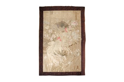 Lot 109 - A Japanese embroidered 'cockerels' silk panel, Meiji period