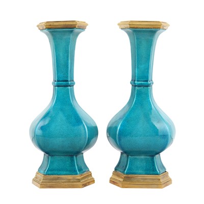 Lot 207 - A pair of Chinese turquoise-glazed hexagonal vases, Qing dynasty, 19th century