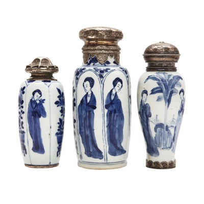 Lot 176 - Three Chinese blue and white 'lady' vases with silver mounts, Qing dynasty, Kangxi period