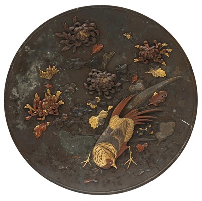 Lot 850 - A large Japanese inlaid bronze 'pheasants and chrysanthemum' dish, circa 1900