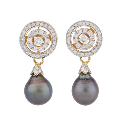Lot 228 - A pair of cultured pearl and diamond earrings