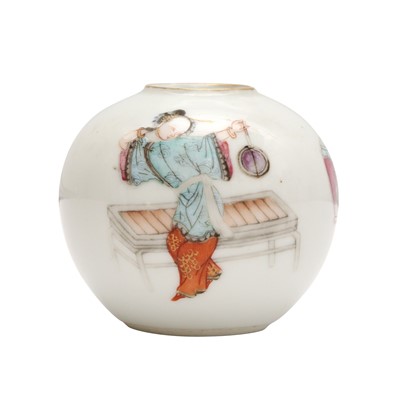 Lot 261 - A Chinese famille-rose 'lady and antiques' water pot, Qing dynasty, Daoguang mark and of the period