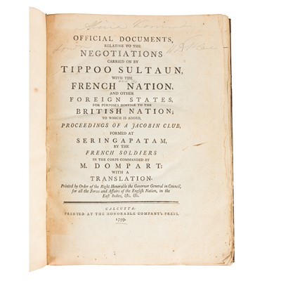 Lot 70 - Tipoo Sultaun. Negotiations with the French, Calcutta, 1799