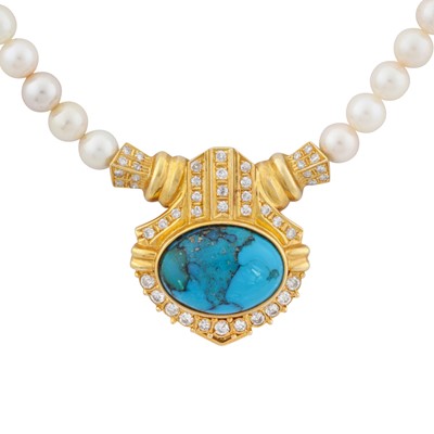 Lot 45 - A pearl, turquoise and diamond pendant necklace