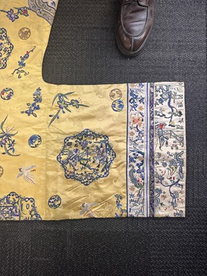 Lot 395 - A fine Chinese yellow-ground embroidered silk robe, Qing dynasty, 19th Century