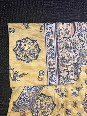Lot 395 - A fine Chinese yellow-ground embroidered silk robe, Qing dynasty, 19th Century
