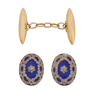 Lot 10 - A pair of enamel and diamond plaques and a cufflink