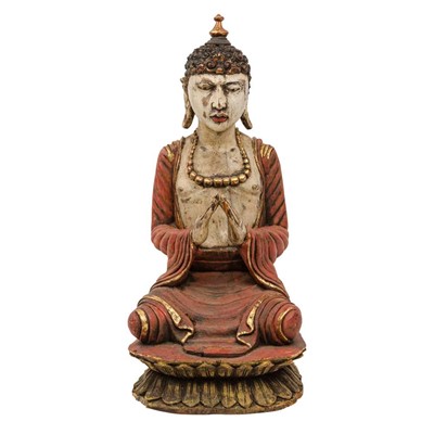 Lot 289 - A polychrome painted carved wooden figure of a seated Buddha, late 19th / early 20th century