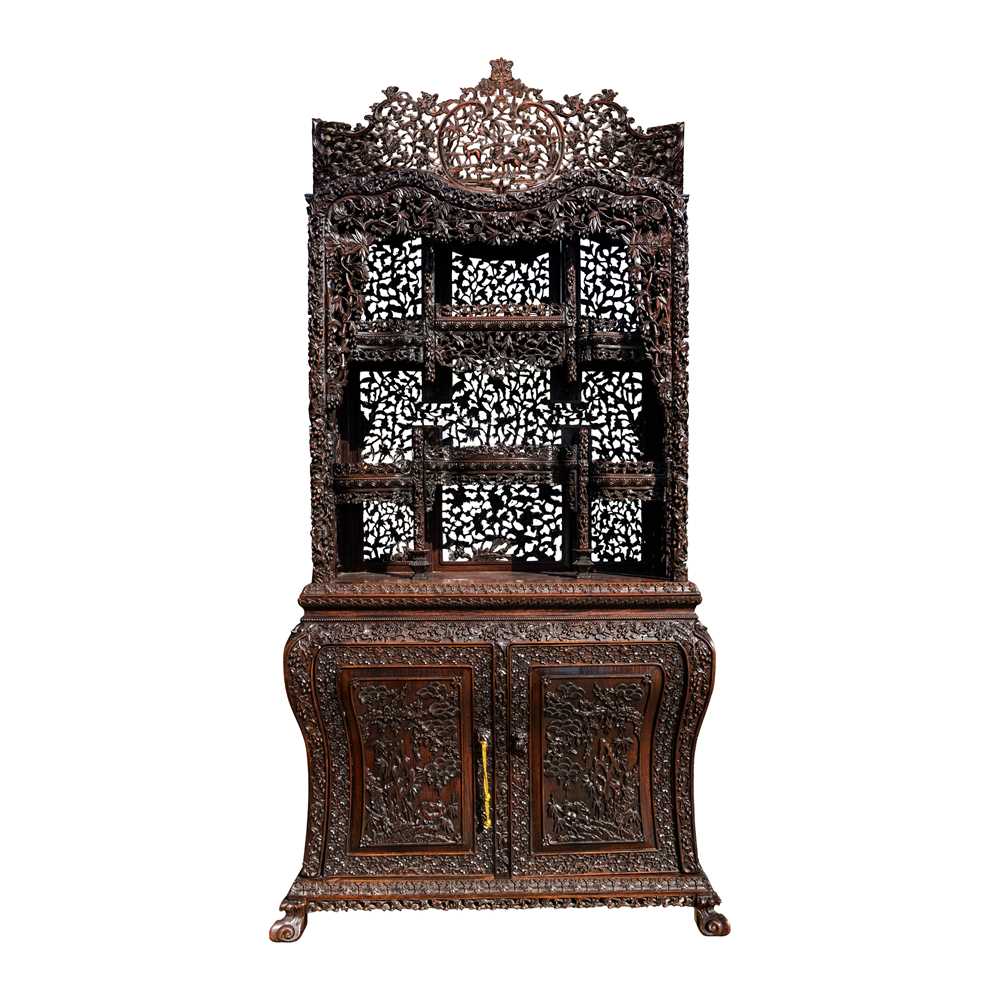 130 - A fine Chinese export carved and pierced hardwood (hongmu) display cabinet, late 19th century