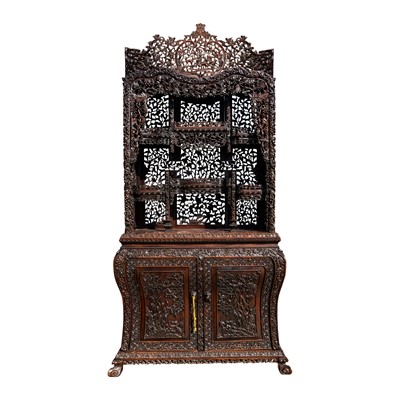 Lot 130 - A fine Chinese export carved and pierced hardwood (hongmu) display cabinet, late 19th century
