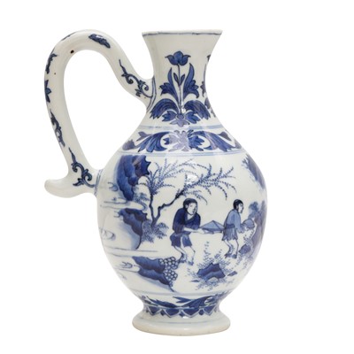Lot 3 - A Chinese blue and white 'figural' jug, Transitional period, Chongzhen period