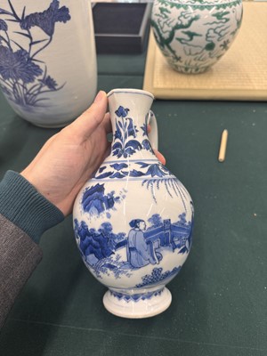 Lot 3 - A Chinese blue and white 'figural' jug, Transitional period, Chongzhen period