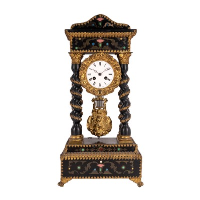 Lot 113 - A French Napoleon III period ebonised portico mantel clock