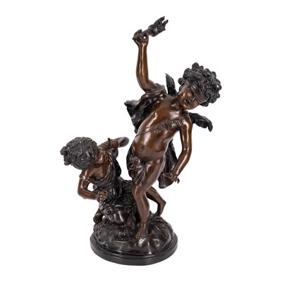 Lot 52 - After Auguste Moreau (French, 1834–1917), bronze figure group of 'La Mosca Cieca'
