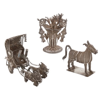 Lot 689 - A group of three modern Indian silver filigree miniatures