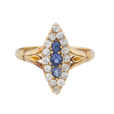 Lot 49 - A sapphire and diamond navette shaped ring, circa 1899