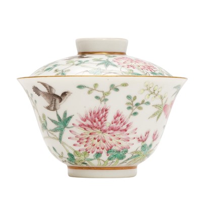 Lot 348 - A Chinese famille-rose 'bird and blossoms' bowl and cover, Republic period, Guangxu mark