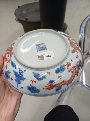 Lot 487 - A pair of Chinese blue and white and iron-red 'dragon' dishes, 19th - 20th century