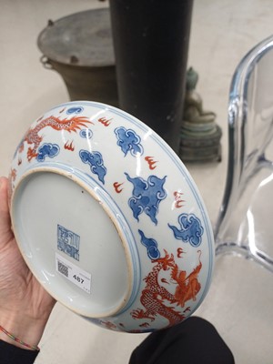 Lot 487 - A pair of Chinese blue and white and iron-red 'dragon' dishes, 19th - 20th century