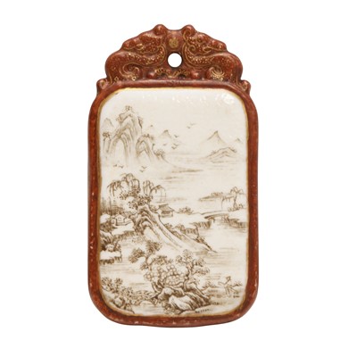 Lot 618 - A small Chinese en-grisaille 'landscape' plaque, 20th century