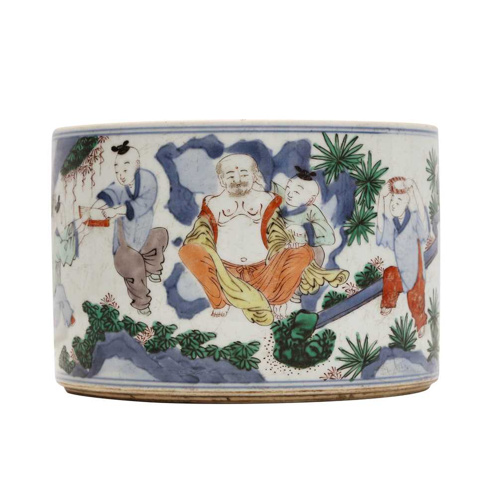 Lot 505 - A Chinese wucai 'Luohan' brush pot, 19th - 20th century