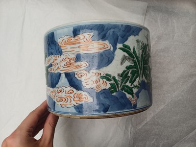 Lot 505 - A Chinese wucai 'Luohan' brush pot, 19th - 20th century