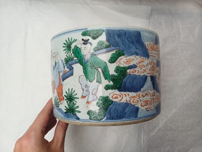 Lot 505 - A Chinese wucai 'Luohan' brush pot, 19th - 20th century