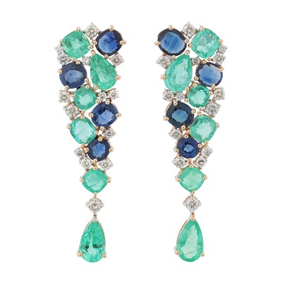 Lot 116 - A pair of emerald, sapphire and diamond earrings
