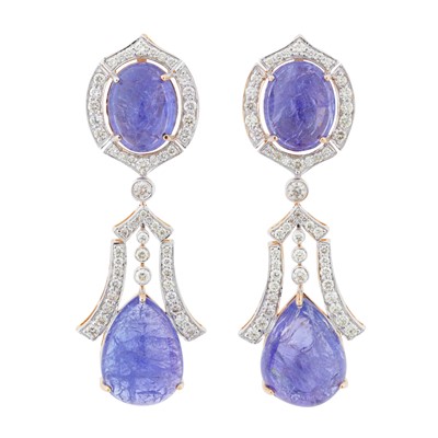 Lot 15 - A pair of tanzanite and diamond pendent earrings