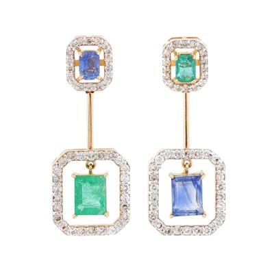 Lot 131 - A pair of sapphire and emerald pendent earrings