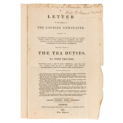 Lot 44 - Tea. Travers...upon the subject ot Tea Duties. 1740