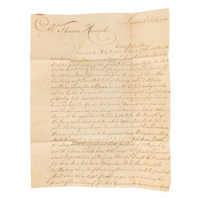 Lot 45 - Tea: Hancock (Thomas) of Boston. [Mass.] Letter to...re shipping. 1740