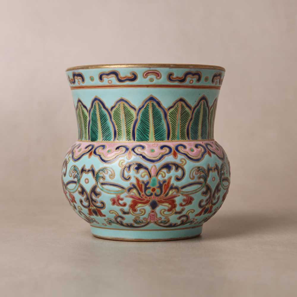 Lot 69 - A Chinese famille-rose 'lotus' leys jar, zhadou, Qing dynasty, 18th/19th century