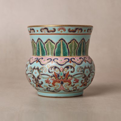 Lot 69 - A Chinese famille-rose 'lotus' leys jar, zhadou, Qing dynasty, 18th/19th century