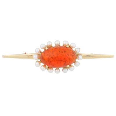 Lot 83 - A fire opal pearl bar brooch