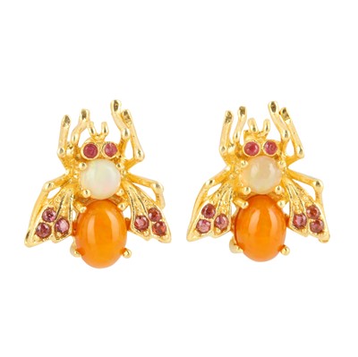 Lot 98 - A pair of opal and ruby fly stud earrings