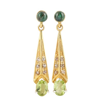 Lot 106 - A pair of peridot, aventurine, and diamond pendent earrings