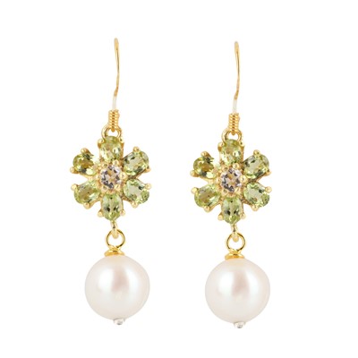Lot 57 - A pair of pearl, peridot, and paste pendent earrings