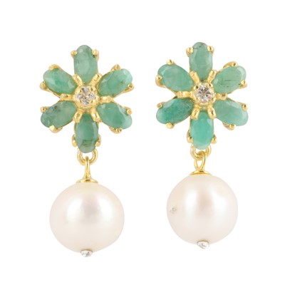 Lot 56 - A pair of pearl, chrysoprase, and paste pendent earrings