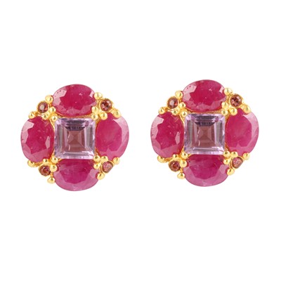Lot 34 - A pair of amethyst and ruby cluster studs