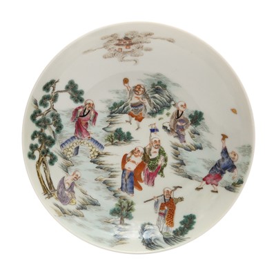 Lot 341 - A Chinese famille-rose 'Eighteen Luohans' dish, late Qing dynasty, Shendetang zhi mark