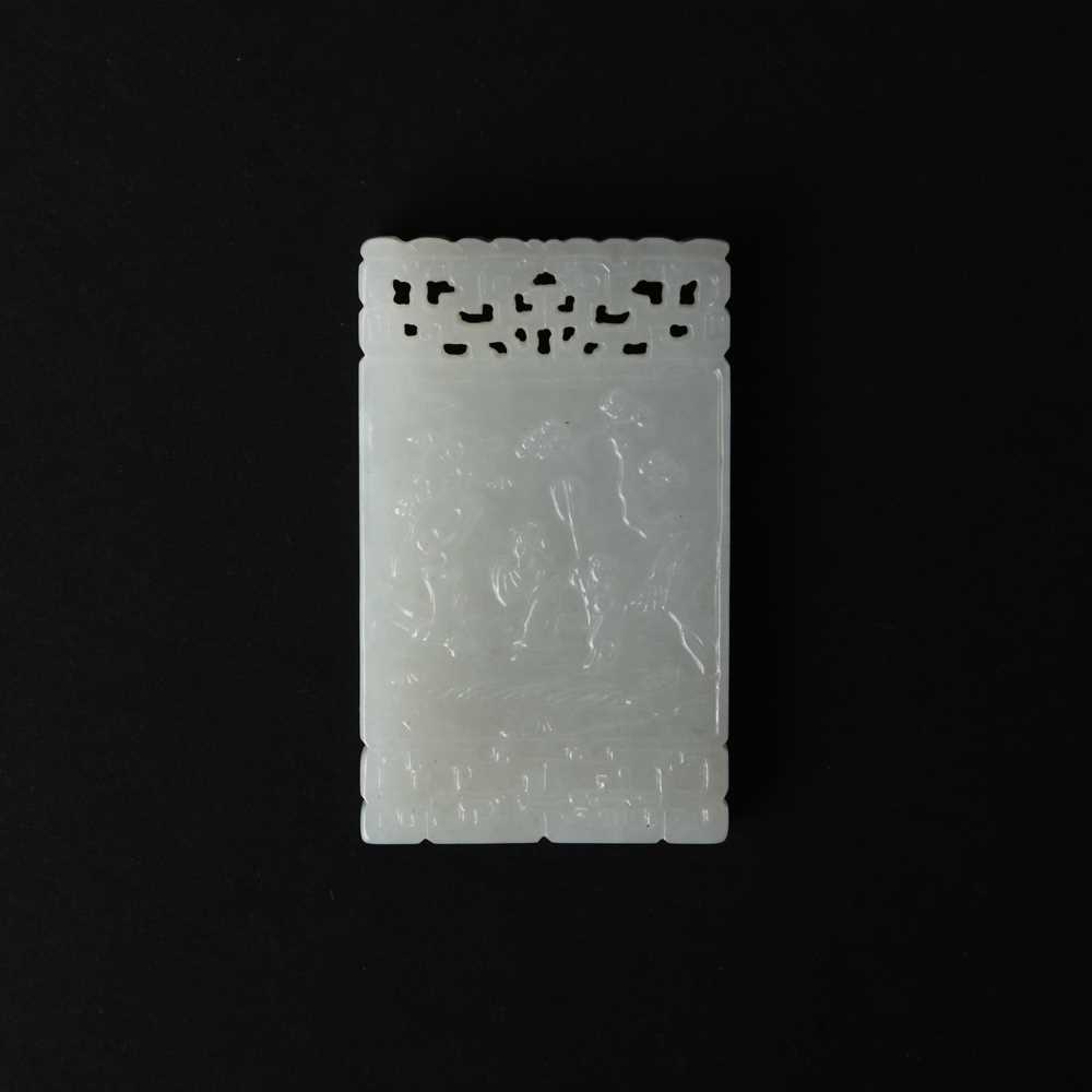 Lot 92 - A Chinese white jade 'figurative' pendant plaque, Qing dynasty, 18th/19th century