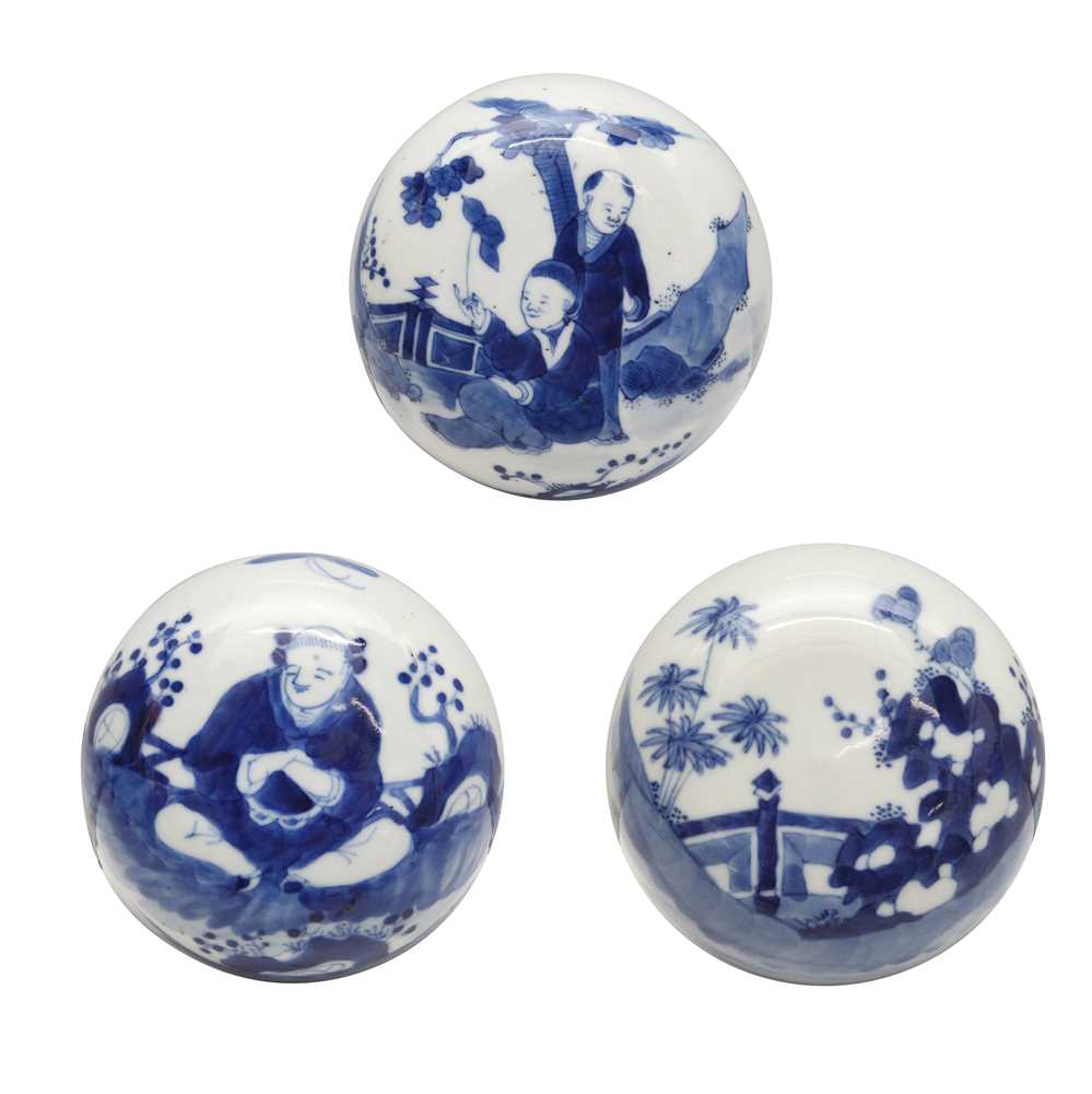 Lot 452 - Three Chinese blue and white 'figurative' lids, 18th / 19th century