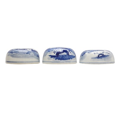 Lot 452 - Three Chinese blue and white 'figurative' lids, 18th / 19th century