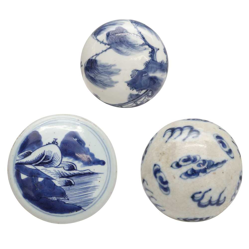 Lot 449 - Three Chinese blue and white 'landscape' lids, 18th / 19th century