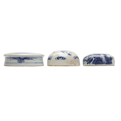 Lot 449 - Three Chinese blue and white 'landscape' lids, 18th / 19th century