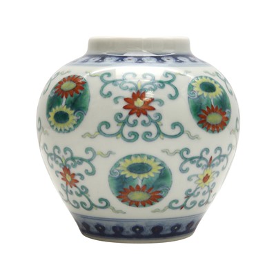 Lot 63 - A rare Chinese doucai 'chrysanthemum' jar, Qing dynasty, Qianlong mark and of the period