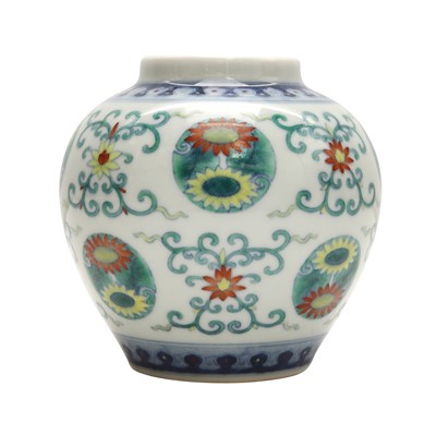 Lot 63 - A rare Chinese doucai 'chrysanthemum' jar, Qing dynasty, Qianlong mark and of the period