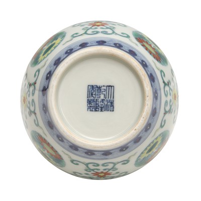 Lot 63 - A rare Chinese doucai 'chrysanthemum' jar, Qing dynasty, Qianlong mark and of the period